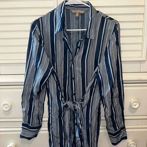 Blue and White Striped Button-Up Tie Front Dress